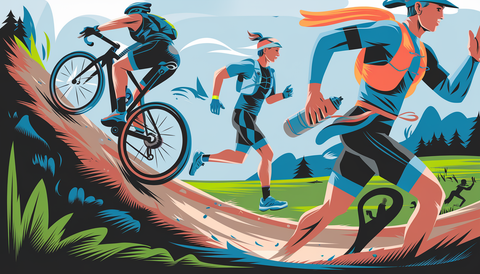 Endurance athletes in a vibrant natural landscape, including a cyclist with an insulated water bottle, a runner with a hydration pack, and a triathlete transitioning with a water bottle and towel.