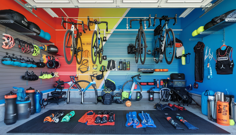 A well-organized garage featuring multiple bikes hung with innovative hangers, surrounded by gear for endurance athletes.