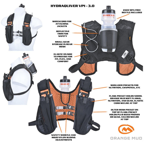 Orange Mud, LLC Hydration VP1 Black-3.0 HydraQuiver Vest Pack 1 - 3.0: Ideal for road and trail running, and triathlon.